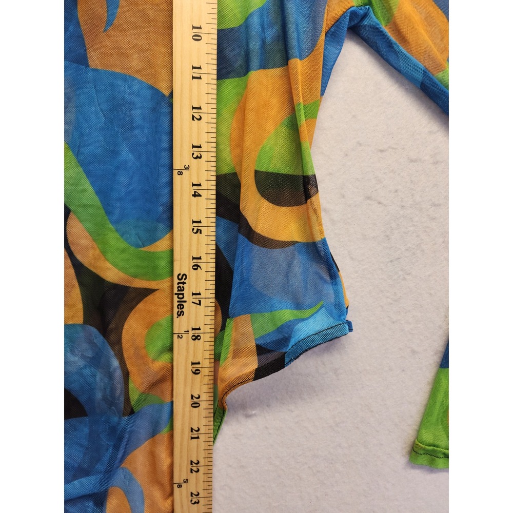 PrettyLittleThing Womens Blue Green Orange Abstract Mesh Long Sleeve Bodysuit - Picture 8 of 9